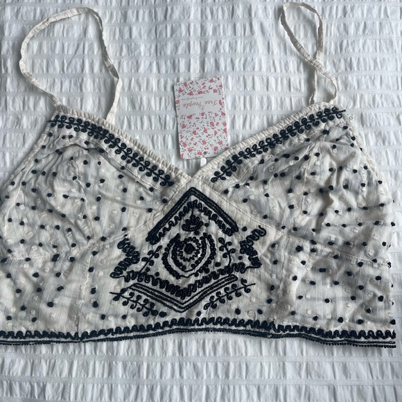 FREE PEOPLE Odette Brami Embroidered and Beaded Ivory and Black Crop Top - Picture 5 of 9